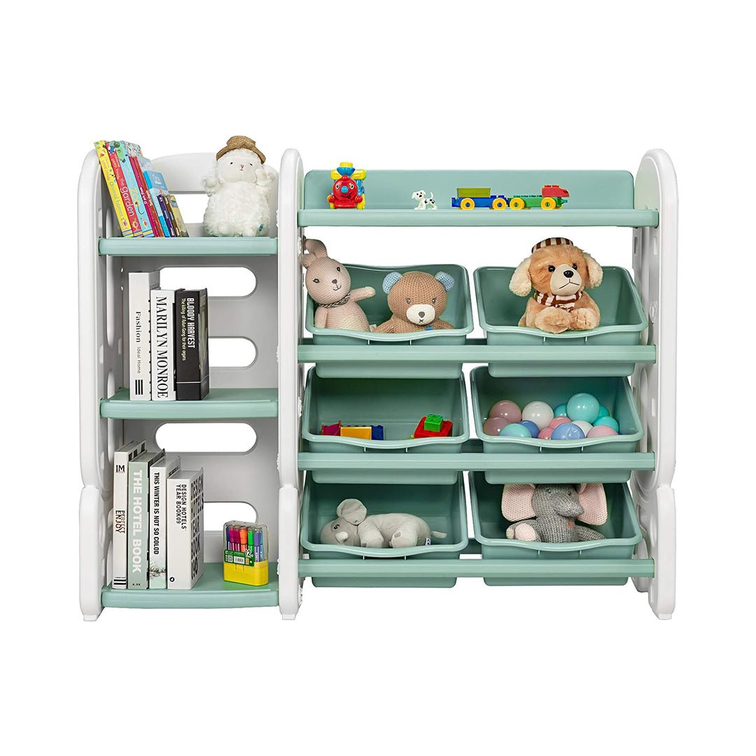 101 Rangement de jouets pour enfants Honey Joy à 4 niveaux avec 6 bacs, unité de rangement de jouets 2 en 1 avec bibliothèque d'angle et coffre à jouets amovible, mobilier pour tout-petits pour salle de jeux et garderie (vert) chinaatoday