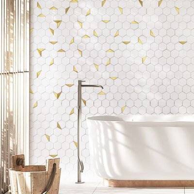 Azulejo de mosaico hexagonal Thassos blanco con aluminio dorado, estilo lujoso y ligero - BEJUSTSIMPLE