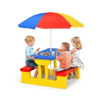 Costzon Kids Mesa y banco de picnic portátil con sombrilla extraíble para niños pequeños, ideal para jardín, patio, interior y exterior (Primaria) chinaatoday
