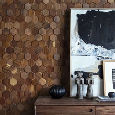 Black walnut solid wood wood log wood mosaic TV background wall hexagonal wood wall three-dimensional decoration - BEJUSTSIMPLE