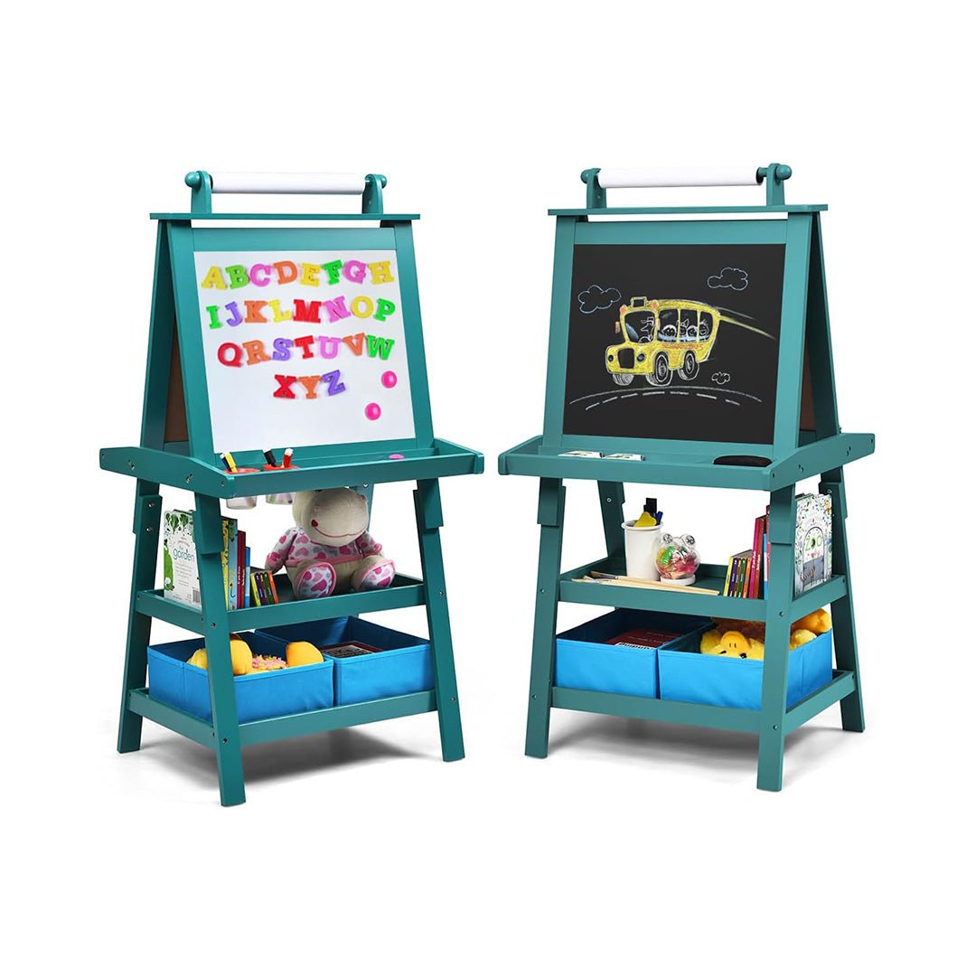 5 Chevalet d'art HONEY JOY pour enfants, chevalet 3 en 1 double face en bois pour tout-petits avec tableau blanc magnétique et tableau noir, rouleau de papier, 2 bacs de rangement, peinture effaçable à sec, chevalet pour enfants pour garçons et filles de 3 ans et plus (bleu) chinaatoday