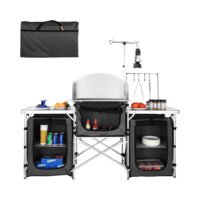 طاولة مطبخ تخييم VBENLEM، طاولة طهي محمولة قابلة للطي من الألومنيوم مع زجاج أمامي، 3 خزانة ومنظم تخزين، سريعة التركيب للطهي في الهواء الطلق للنزهات الخارجية على الشاطئ، أسود الصين اليوم
