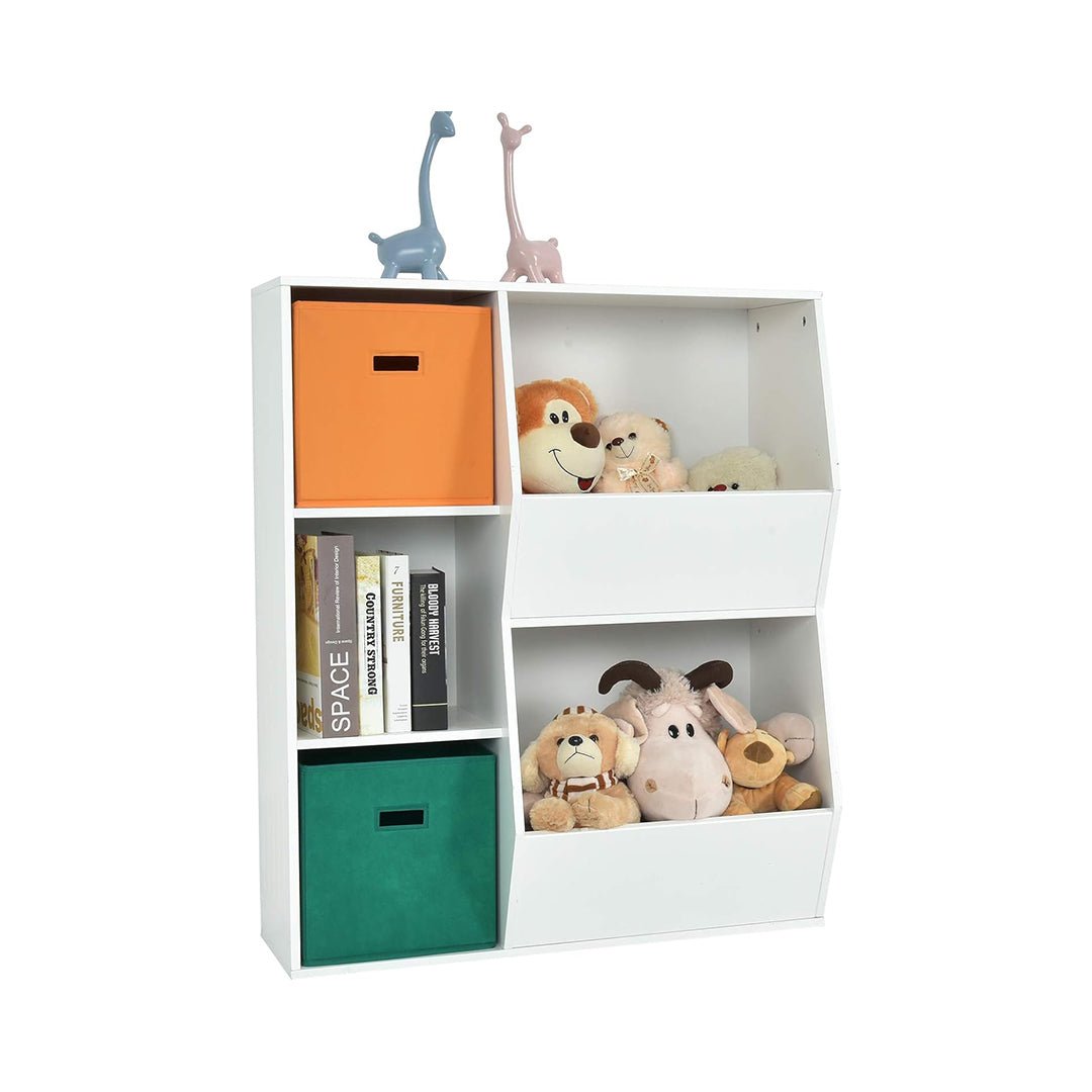 94 HONEY JOY Étagère de rangement pour jouets pour enfants à 5 compartiments, bibliothèque pour enfants avec 2 boîtes de rangement, vitrine de rangement pour jouets en bois à plusieurs compartiments pour salle de jeux et chambre d'enfant (blanc) chinaatoday