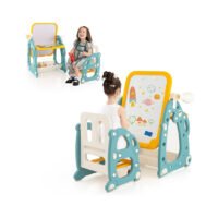 Chevalet d'art pour enfants Honey Joy, ensemble table et chaises 4 en 1 pour tout-petits avec tableau blanc magnétique réglable, 8 marqueurs, jeu d'anneaux, télescope, étagère de rangement inférieure, peinture effaçable à sec, chevalet pour enfants de 1 à 8 ans chinaatoday