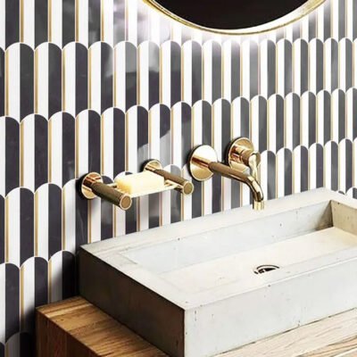 Atlos Marbre noir mosaïque style luxe or métal plume carrelage - BEJUSTSIMPLE