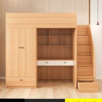 Solid Wood Multifunctional Wardrobe Bed with Bookcase