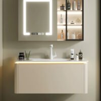 خزانة حمام وحوض من الخشب الصلب بزوايا مستديرة باللون الكريمي