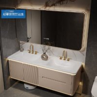 خزانة حمام ذات حوضين على طراز كريمي مع حوض غسيل مدمج